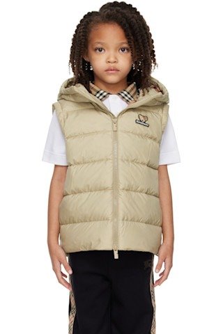 Kids 米色连帽羽绒马甲