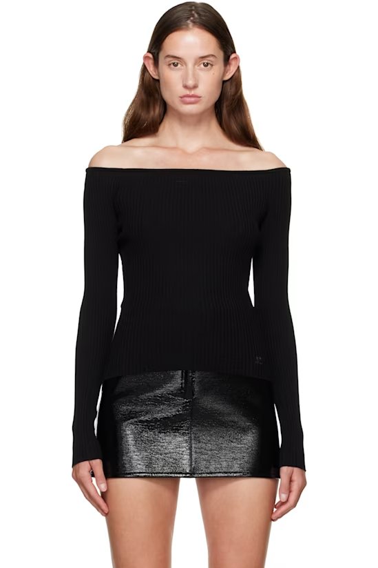 Black 一字肩针织短上衣