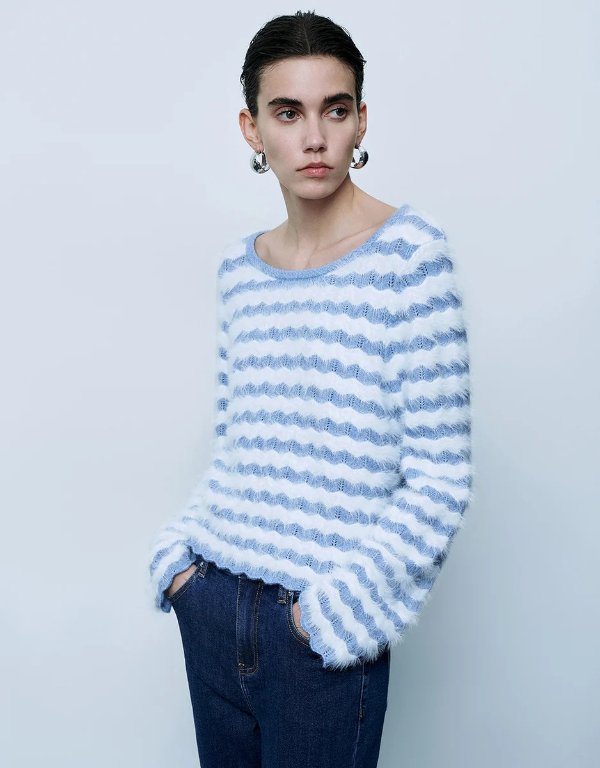 圆领条纹针织T恤