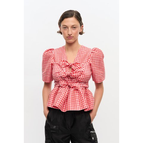 红格子泡泡袖上衣