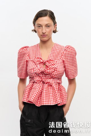 Ganni活力少女感红格子泡泡袖上衣