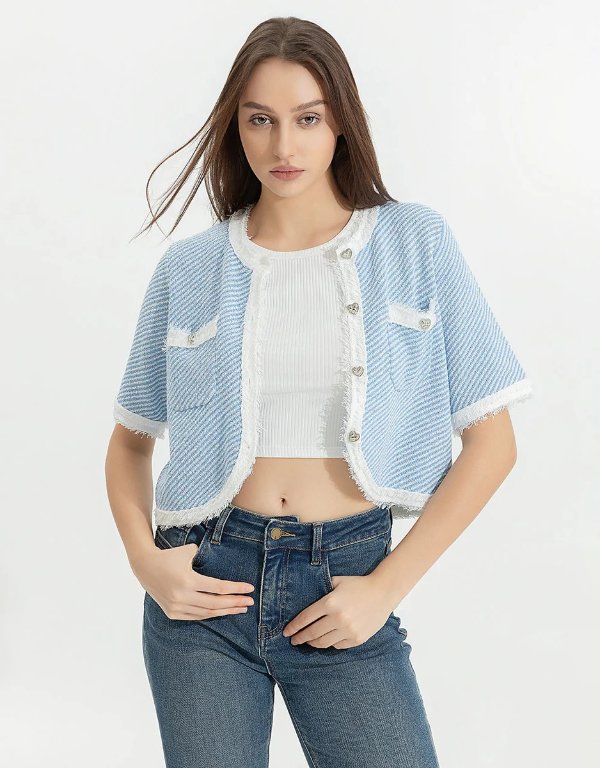 毛边圆领针织开衫