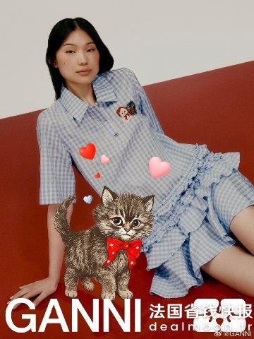 Ganni胸口有可爱猫狗图案衬衫连衣裙