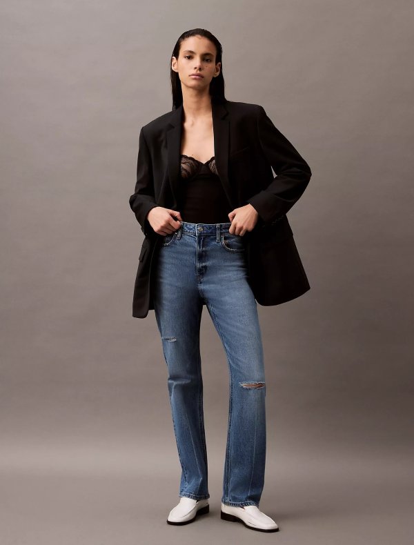 高腰直筒牛仔裤