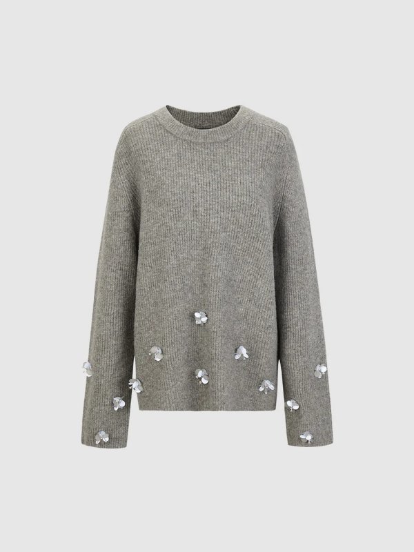 花朵装饰圆领针织T恤