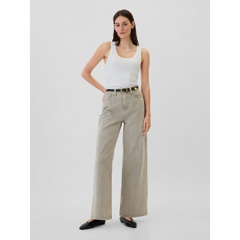 高腰宽腿牛仔裤