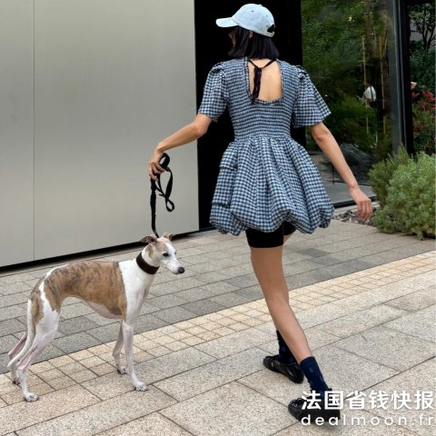 Ganni背部有点小镂空格子迷你连衣裙