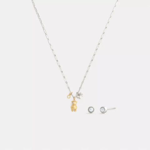 Teddy Bear 蝴蝶结耳环项链套装