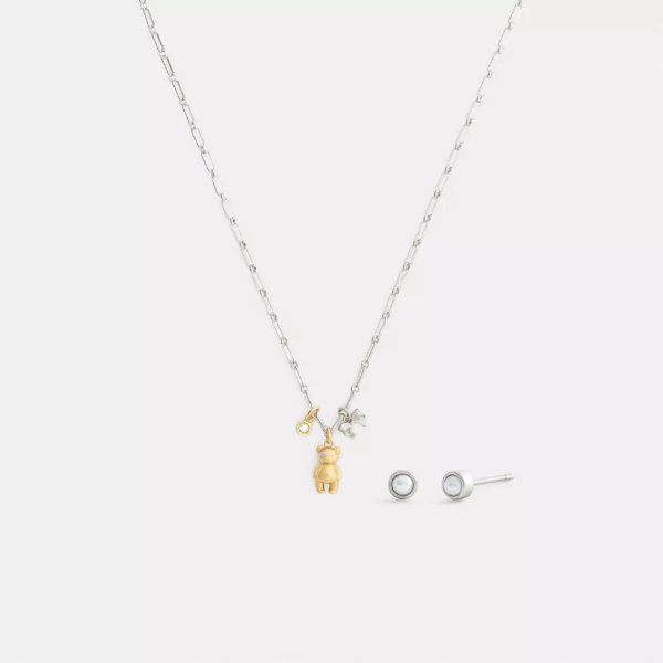 Teddy Bear 蝴蝶结耳环项链套装