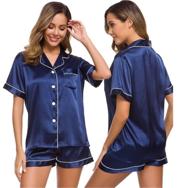 SWOMOG 女士仿真丝短袖睡衣套装（两件套）