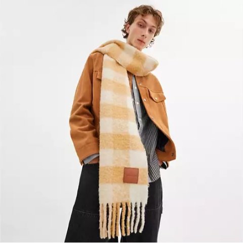 Oversized 格纹围巾 皮革贴饰