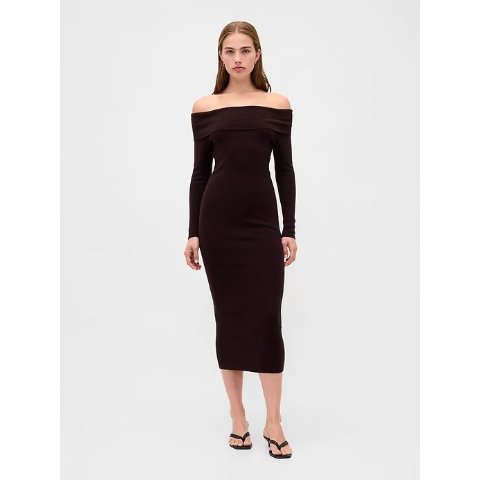 一字肩连衣裙 中长款