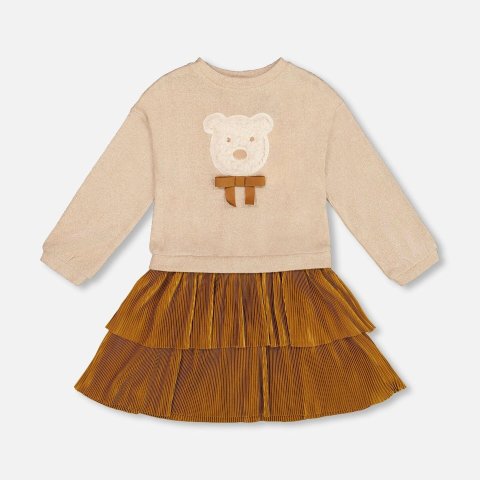 Bi-Material 拼接连衣裙 焦糖色