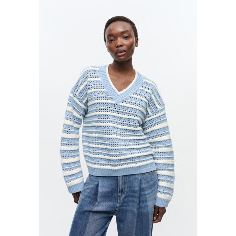  V领条纹棉毛衣