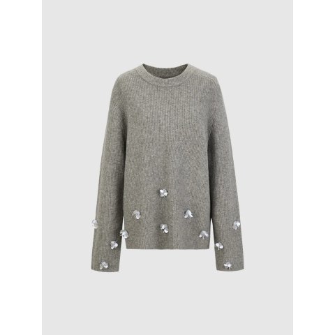 花朵装饰圆领毛衣