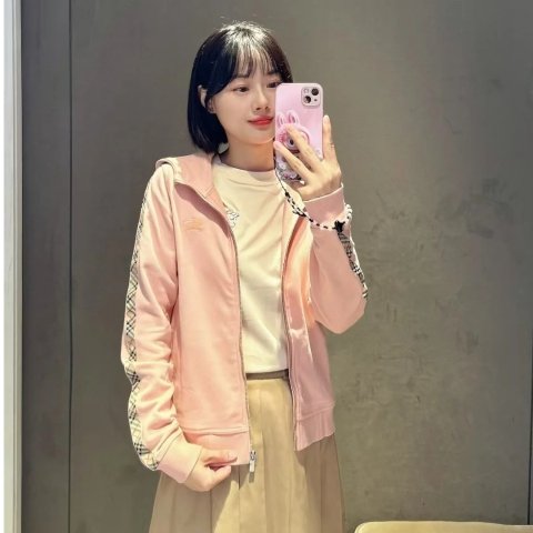 Cotton 连帽拉链外套 格纹饰边