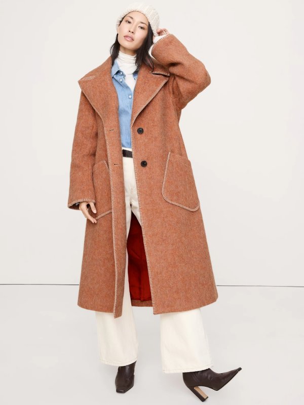 毛毛羊毛混纺大衣