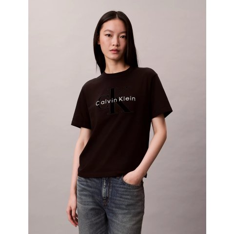 Calvin Klein新上码全天鹅绒双标T恤 黑色