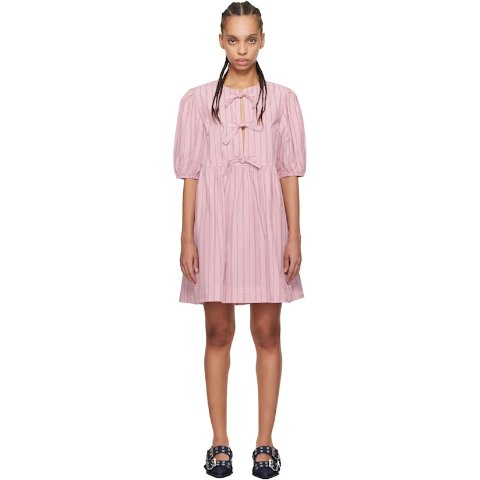 Mini 粉条纹棉蝴蝶结连衣裙