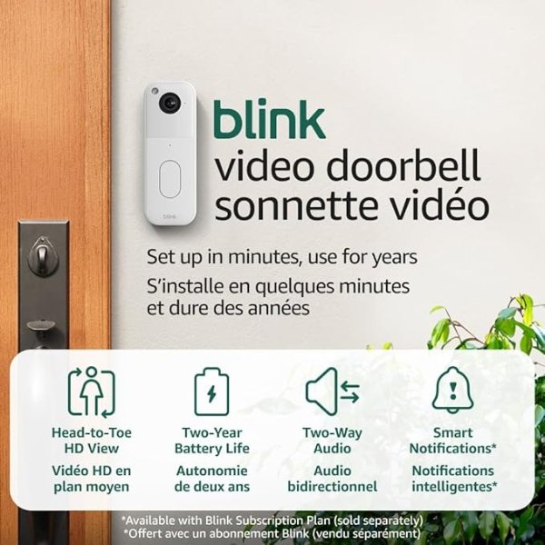 Blink 视频门铃套装：门口头到脚视角 + 3个无线户外摄像头，续航两年省心守护