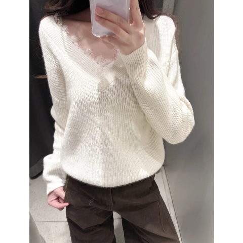 蕾丝V领针织衫 羊毛