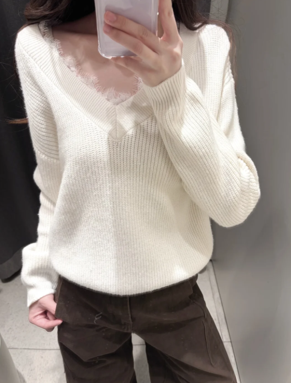 蕾丝V领针织衫 羊毛