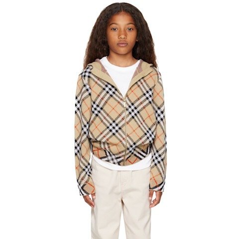 Kids 羊毛拉链格纹连帽衫 米色