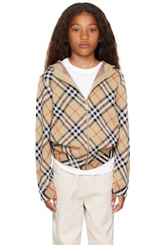 Kids 羊毛拉链格纹连帽衫 米色