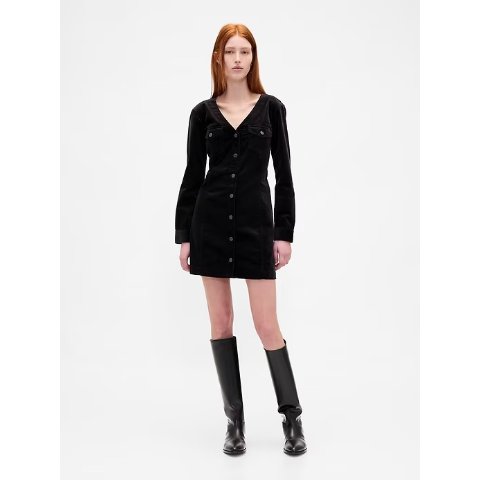 天鹅绒V领迷你连衣裙口袋款