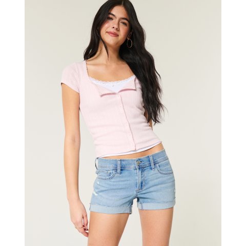 低腰浅色破洞牛仔短裤