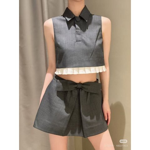 Gray 蝴蝶结百褶迷你裙