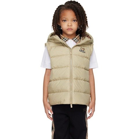 Kids 米色连帽羽绒马甲