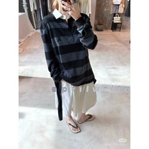 Navy 条纹长袖 Polo 衫