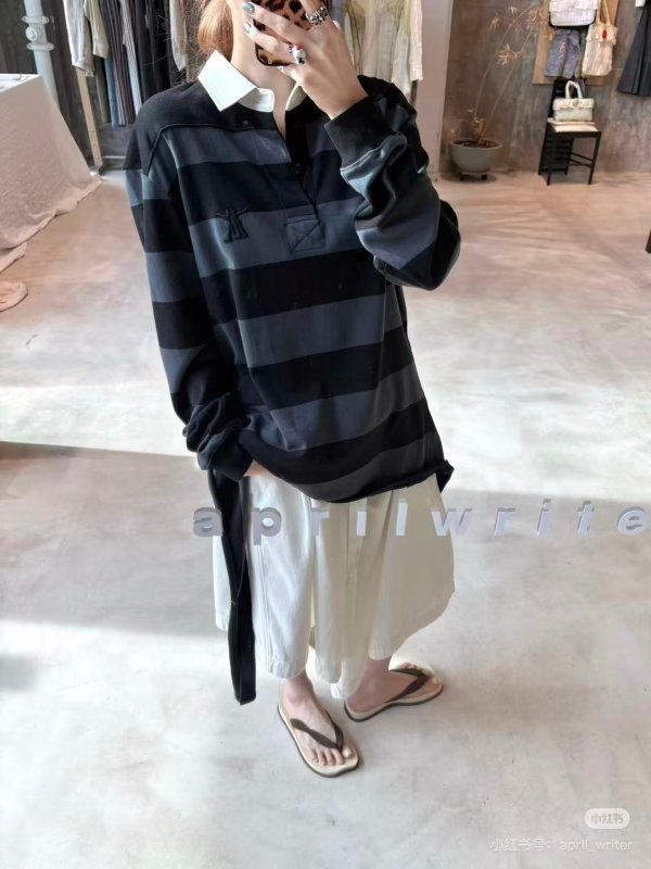 Navy 条纹长袖 Polo 衫