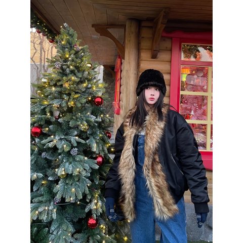 Evren 仿皮草棒球夹克 黑色