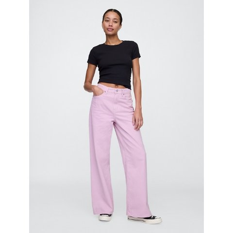 高腰宽腿牛仔裤