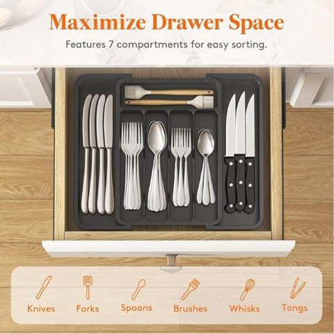 Lifewit 可扩展餐具收纳盒 刀叉勺分类更整齐（黑色）