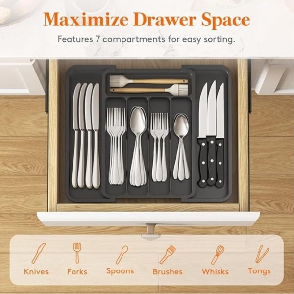 Lifewit 可扩展餐具收纳盒 刀叉勺分类更整齐（黑色）