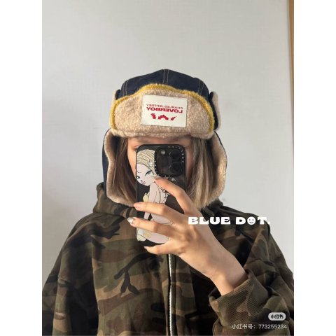 Charles Jeffrey LoverboyNavy 针织拼接飞行帽 米色