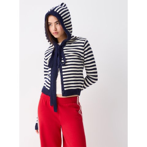 抽绳条纹帽衫开衫