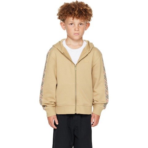 Burberry还有12Y的！成人可冲Beige 拉链棉卫衣 格纹饰边