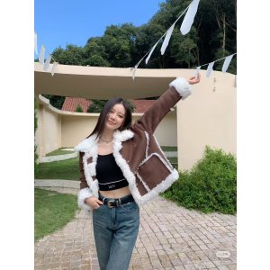 Stand Studio撞色不要太好看！Kristy 仿羊羔绒夹克 棕白色