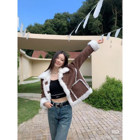 Stand Studio撞色不要太好看！Kristy 仿羊羔绒夹克 棕白色