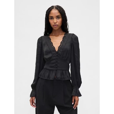 V领荷叶下摆上衣