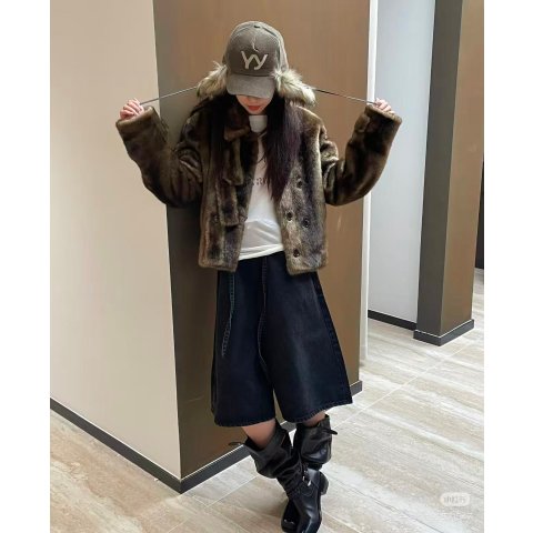openyy棕色 仿皮草外套 