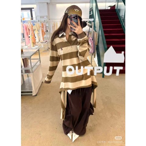 Beige 条纹长袖POLO衫