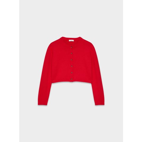 有机羊毛和羊绒圆领红开衫