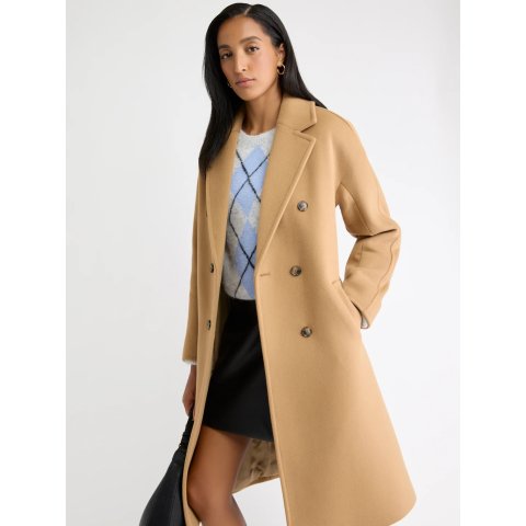 羊毛混纺双排扣长款大衣