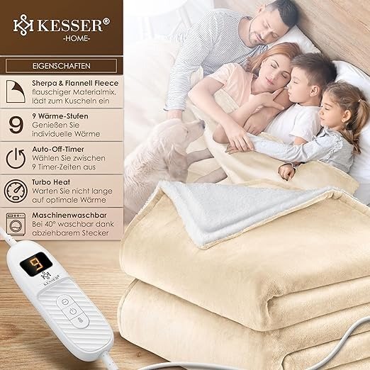 ® Heizdecke mit Abschaltautomatik 200x180cm Doppelseitig Elektrische Warmedecke | Kuscheldecke Bett, Sofa | 9 Temperaturstufen | waschbar bis 40°C | mit Timer Digitalanzeige Beige