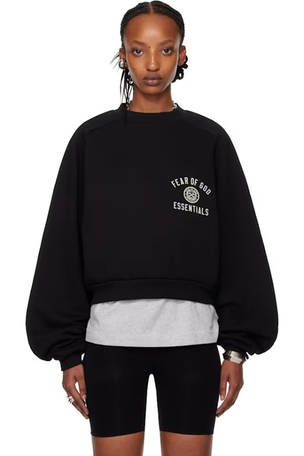 黑色 Fleece Cropped Crewneck 套头衫